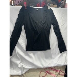 Chicme medium woman's Black V Neck Long lace Sleeve Top sexy fall stretchy 91